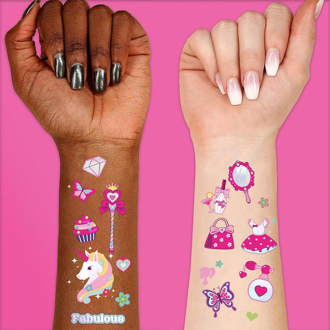 Konsait 96pcs Glitter Pink Temporary Tattoos for Kids Girls Tattoos Temporary for birthday party -Waterproof Fairy Princess Tattoos for Birthday Party Favors