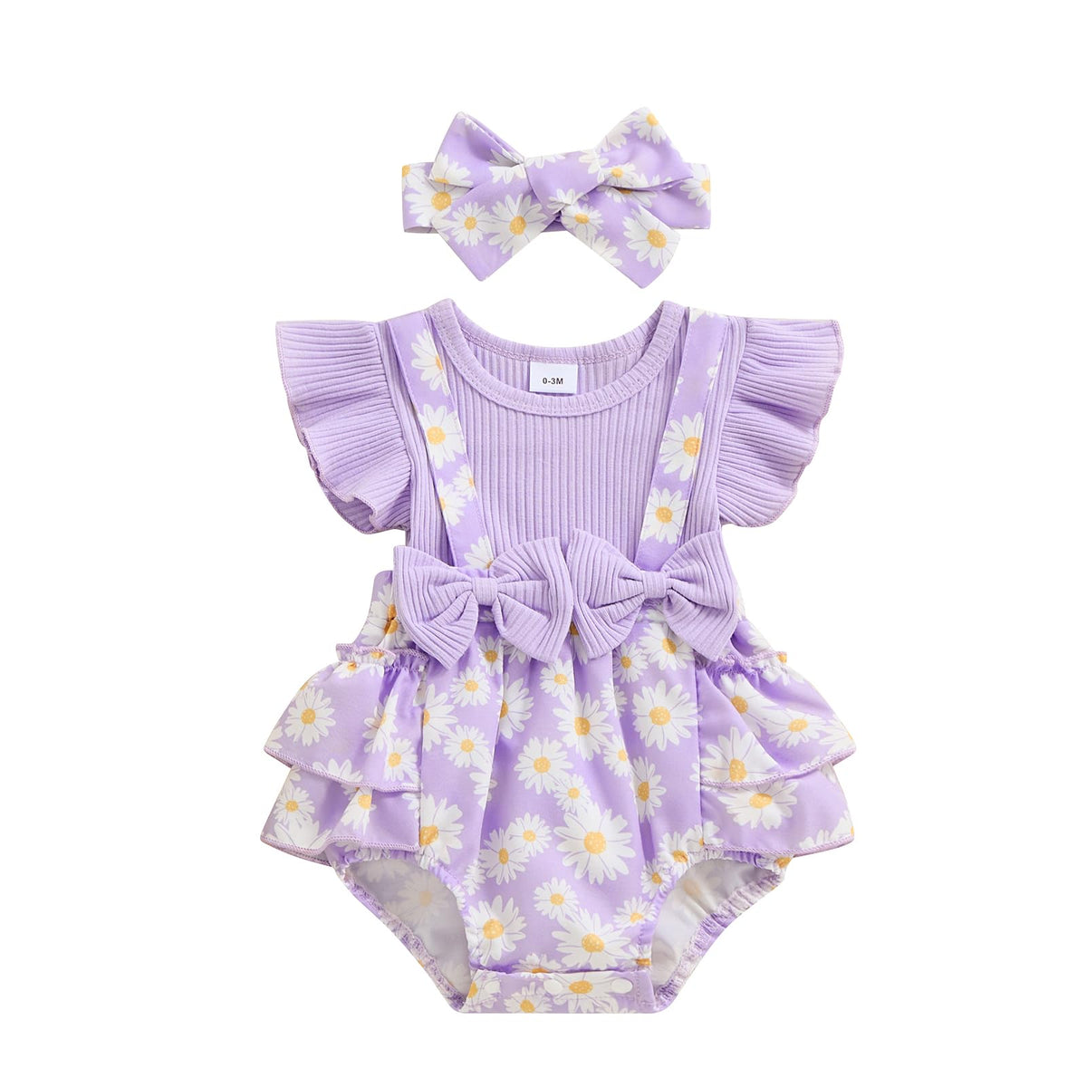 Socutebabe Baby Girl Outfit Floral Romper Newborn Dress Ruffle Jumpsuit Infant Jumpsuit Cute Summer Clothes and Headband (Daisy Print Purple, 3-6 Months)
