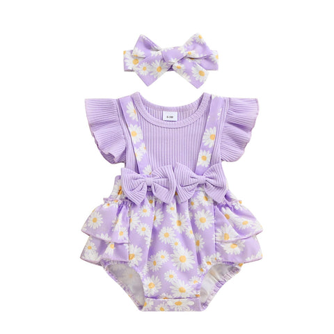 Socutebabe Baby Girl Outfit Floral Romper Newborn Dress Ruffle Jumpsuit Infant Jumpsuit Cute Summer Clothes and Headband (Daisy Print Purple, 3-6 Months)