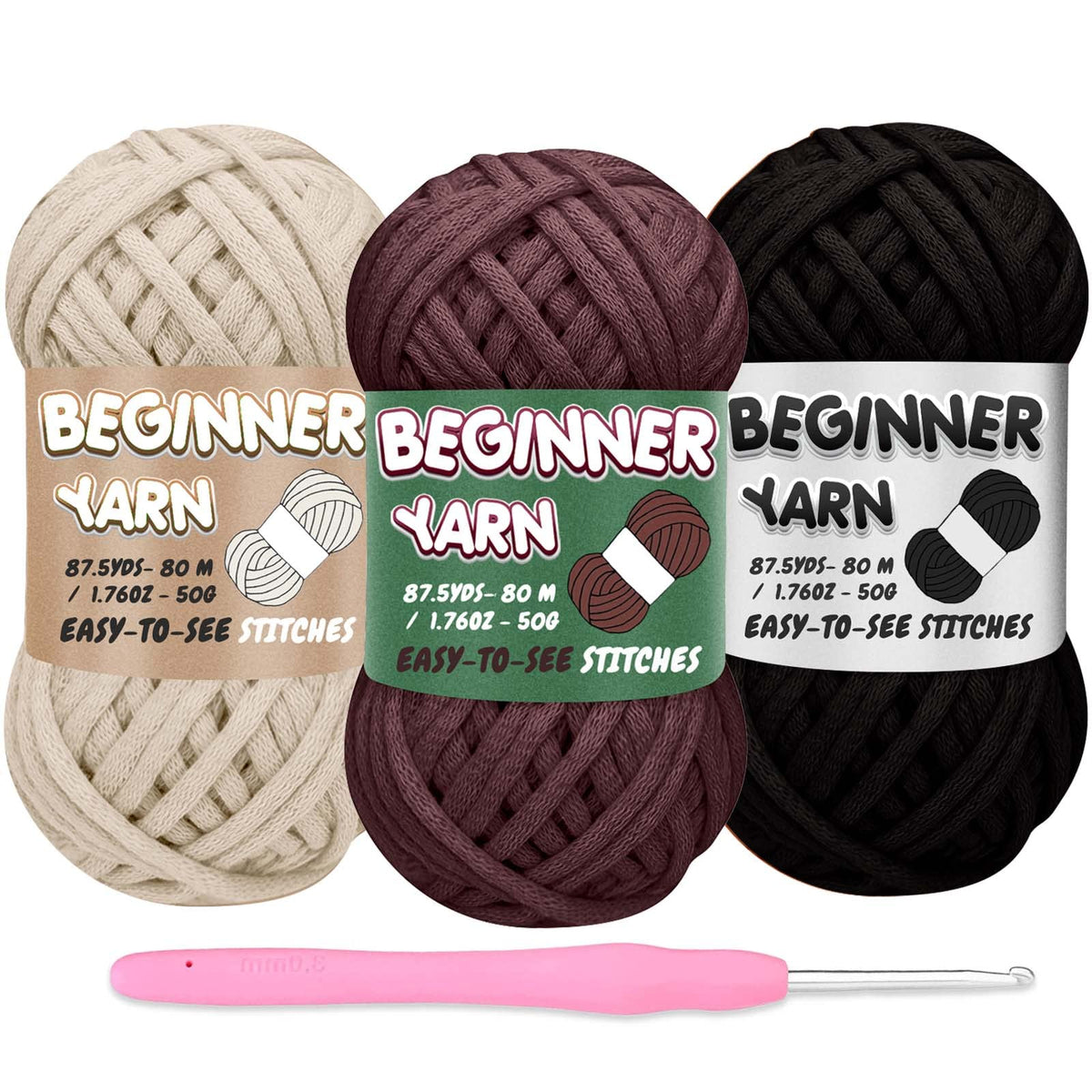 3 Pack Beginners Crochet Yarn, Off White Brown Black Yarn for Crocheting Knitting Beginners, Easy-to-See Stitches, Chunky Thick Bulky Cotton Soft Yarn for Crocheting (3x50g)