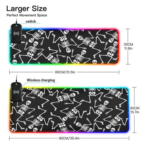 Happy Halloween Skull Wireless Charging Mouse Pad for Mobile Phone Extra Large Gaming Mousepad with 13 Lighting Modes Computer Mat for Gaming MacBook PC Laptop Desk Office Home