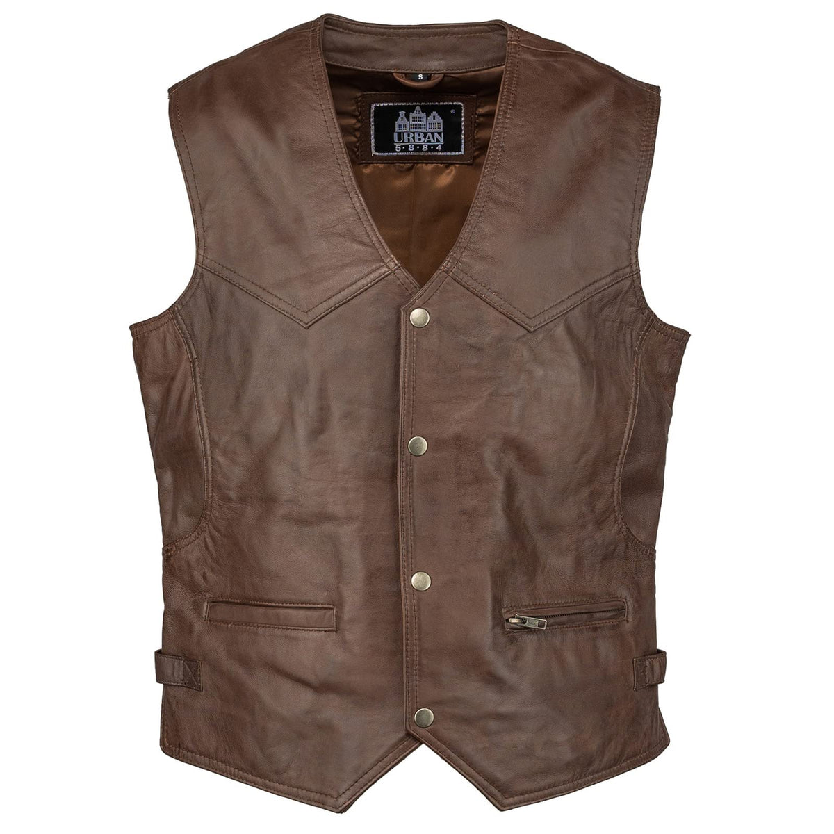 URBAN 5884 Men's Billie Style Motorcycle Comfortable Ovine Leather Biker Vest with Button Closure, Brown, XL