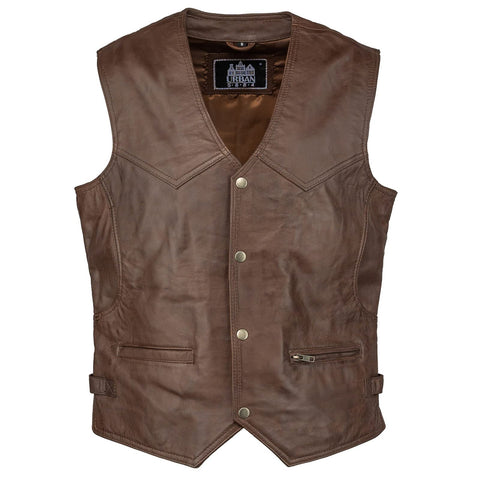URBAN 5884 Men's Billie Style Motorcycle Comfortable Ovine Leather Biker Vest with Button Closure, Brown, XL
