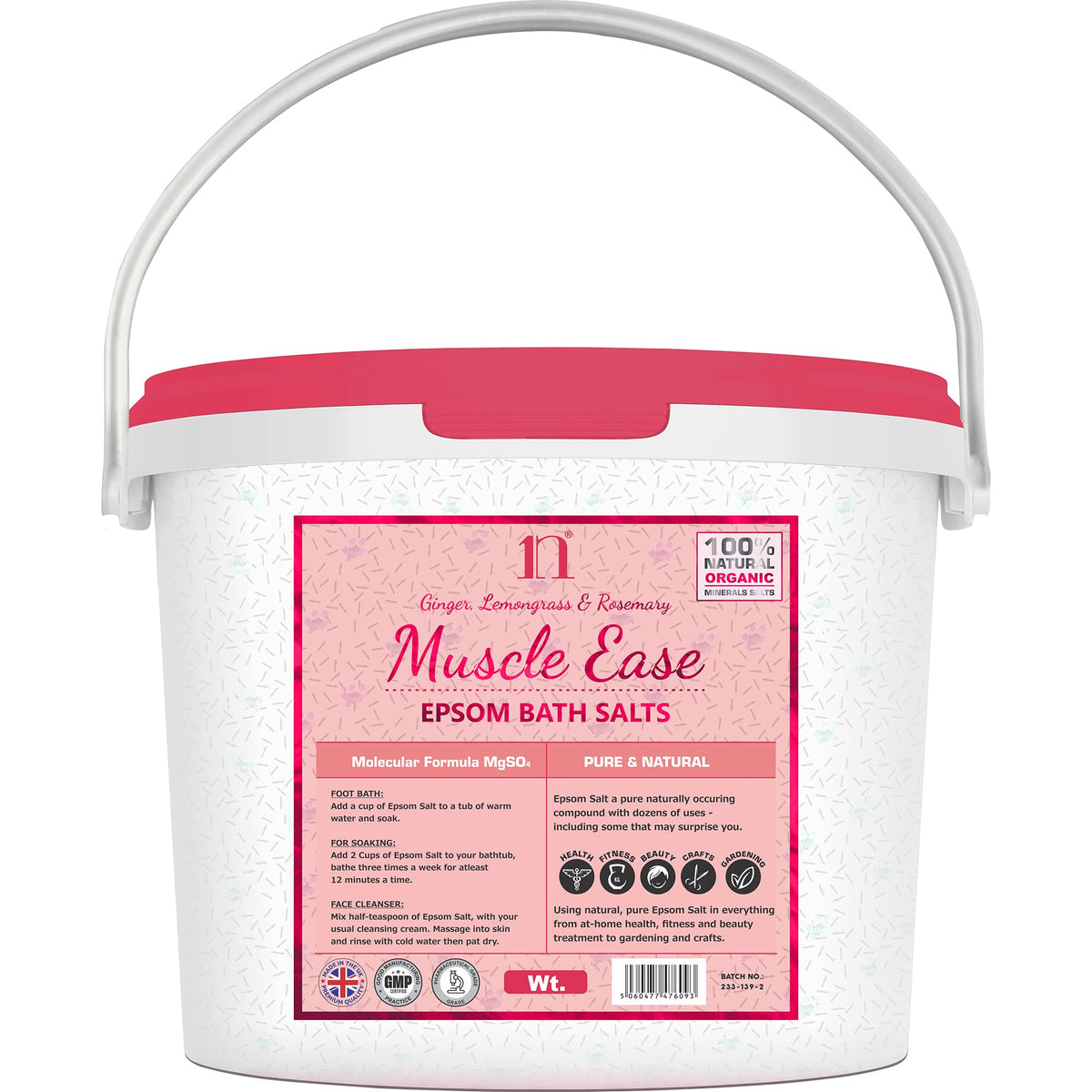 Scented Epsom Salt Muscle Ease Salts with Ginger, Lemongrass & Rosemary Bucket Food Grade Magnesium Sulphate Foot Soak Salts Bath Epsom Salts (Ginger, Lemongrass & Rosemary, 2.5KG)