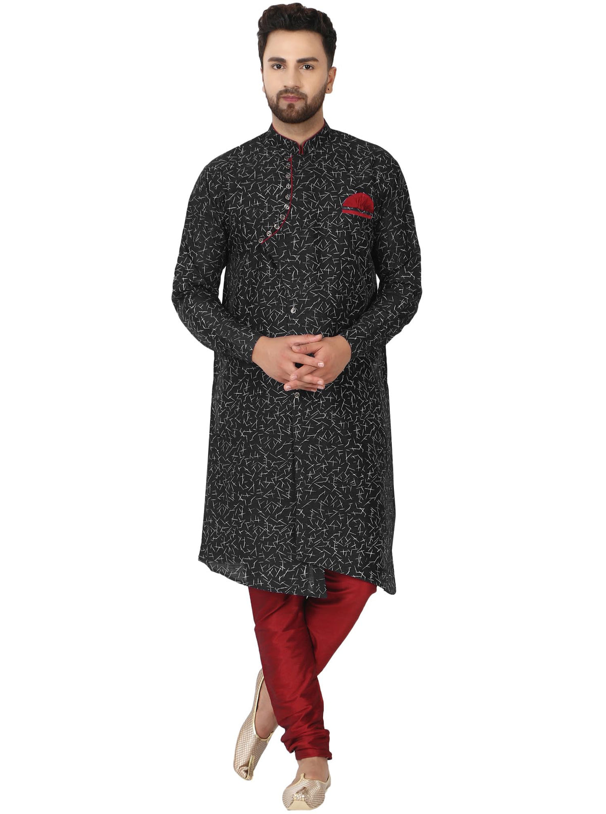 SKAVIJ Men's Art Silk Printed Kurta Pyjama Set Self Design 2-Piece Festive Party Ethnic Dress (KP059black_Black_XL)