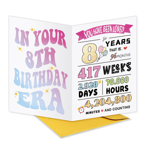 Cute 8th Birthday Card for Girls Boys, Happy 8th Birthday Card Gift, 8th Birthday Decor Ideal, 8 Years Old Birthday Card Daughter Son, Eighth Birthday Card Granddaughter, Best 8th Birthday Gift