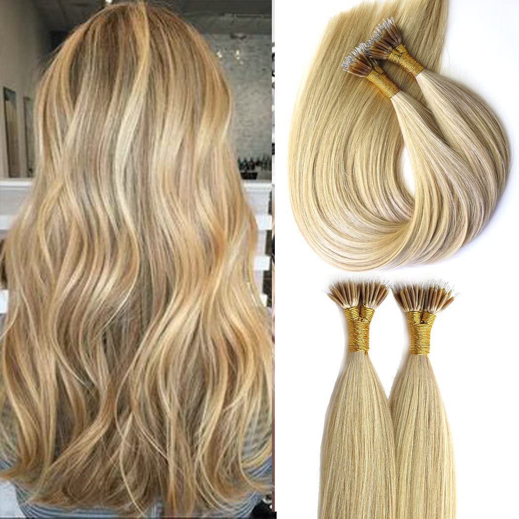 KOCONI Nano Ring Hair Extensions Real Human Hair Nano Tip Remy Human Hair Extensions 18 Inch 50g #16/24 Ash Blonde Mix Bleach Blonde
