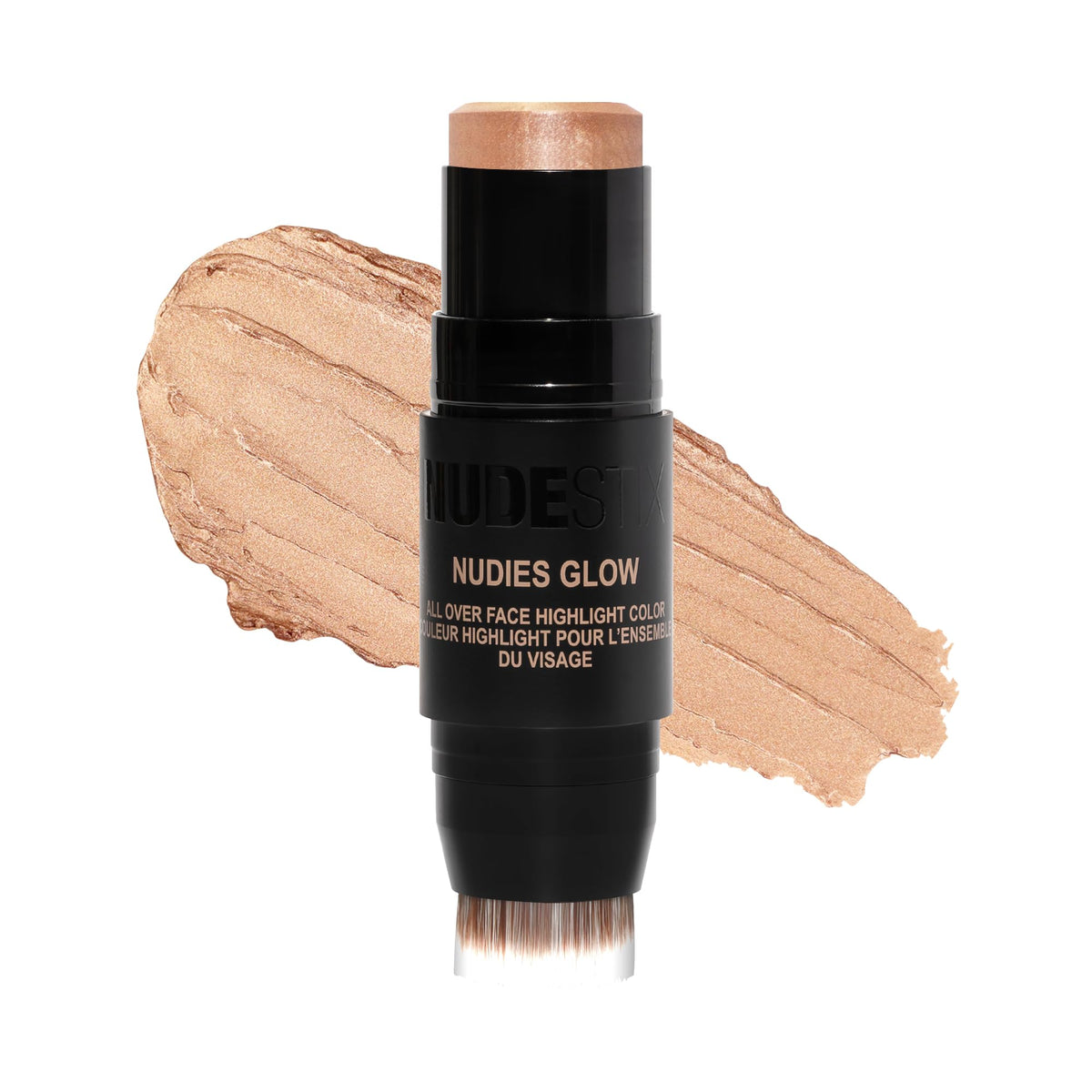 Nudestix Nudies Glow Highlighter Stick w/Blending Brush, Dewy Cream Makeup for Cheeks, Eyes, Lips, Soft Metallic Glowy Face Color and Contour, 0.28 oz (8g) (Bubbly Bebe)