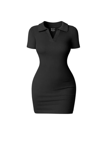 OQQ Women's Mini Dresses Sexy Ribbed Short Sleeve Tummy Control Bodycon Mini Dress Black