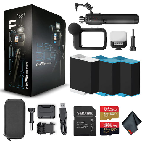 GoPro HERO11 Black Creator Edition - Includes Volta (Battery Grip, Tripod, Remote), Media Mod, Light Mod, Enduro Battery - Waterproof Action Camera + 64GB Extreme Pro Card and 2 Extra Batteries