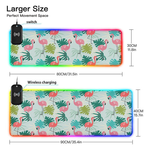Flamingo Palm Leaves Summer Wireless Charging Mouse Pad for Mobile Phone Extra Large Gaming Mousepad with 13 Lighting Modes Keyboard Mat for MacBook PC Laptop Desk Office Home Gaming