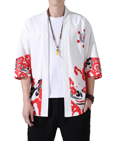 PRIJOUHE Men's Japanese Kimono Cardigan Jackets Casual Long Sleeve Open Front Coat Lightweight Yukata Outwear, White2-84, Medium