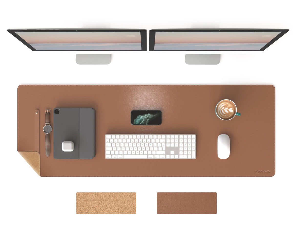 RENMTURE Dual-Sided Mouse Pad, Natural Cork & PU Leather Large Desk Pad for Office and Home Work, Desk Protector Non-Slip, Waterproof, Easy Clean (Brown,47"x17")