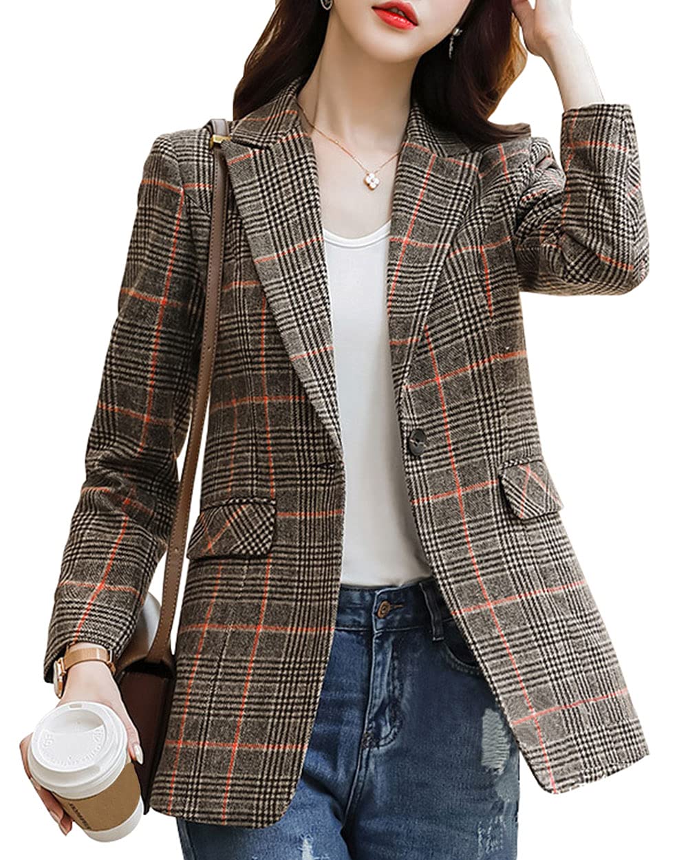 ebossy Women's Notch Lapel 2 Button Boyfriend Blazer Suit Houndstooth Plaid Jacket Coat (Medium, Z-Khaki)