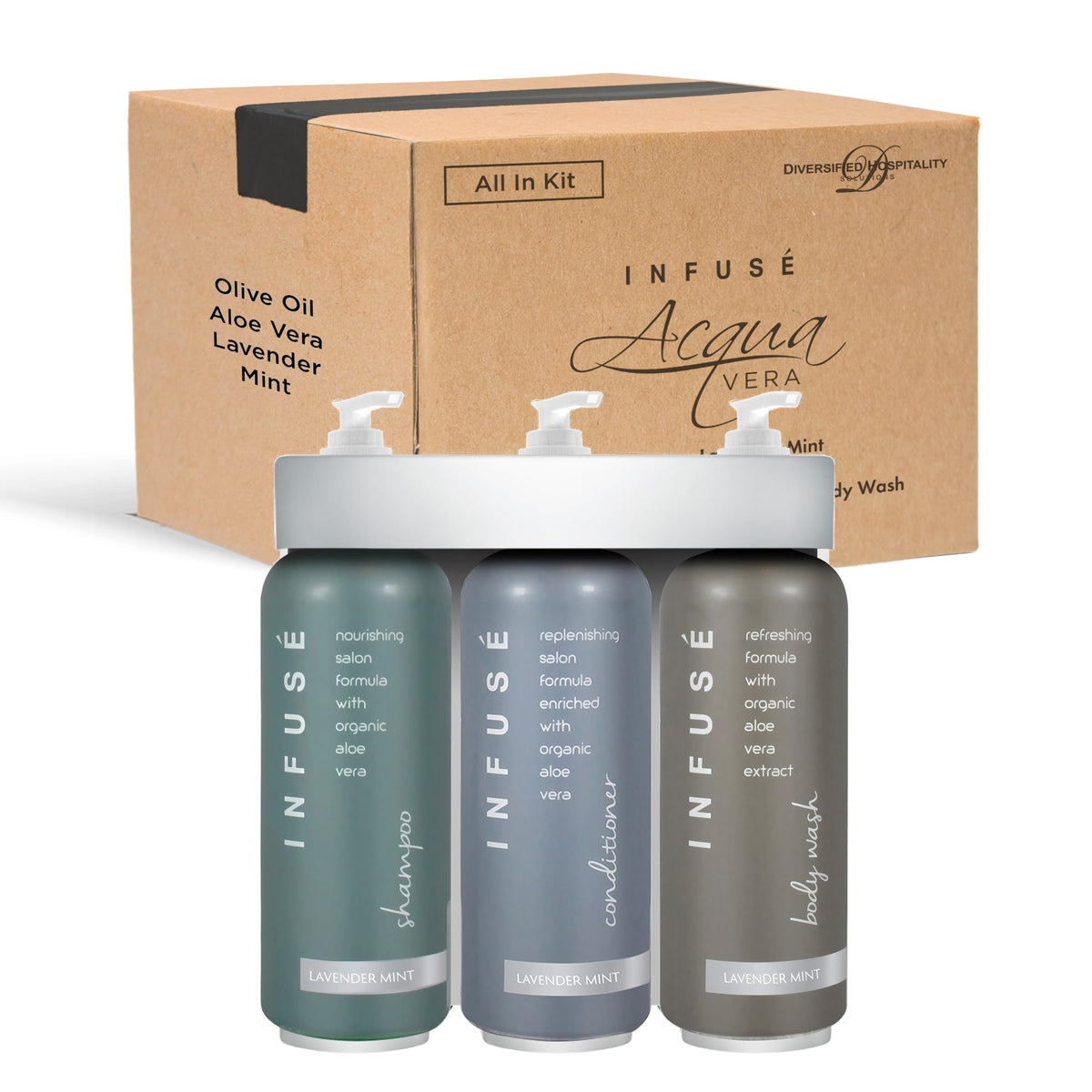 Acquavera Triple Bracket (Silver) with Infuse Lavender Mint Shampoo, Conditioner and Body Wash