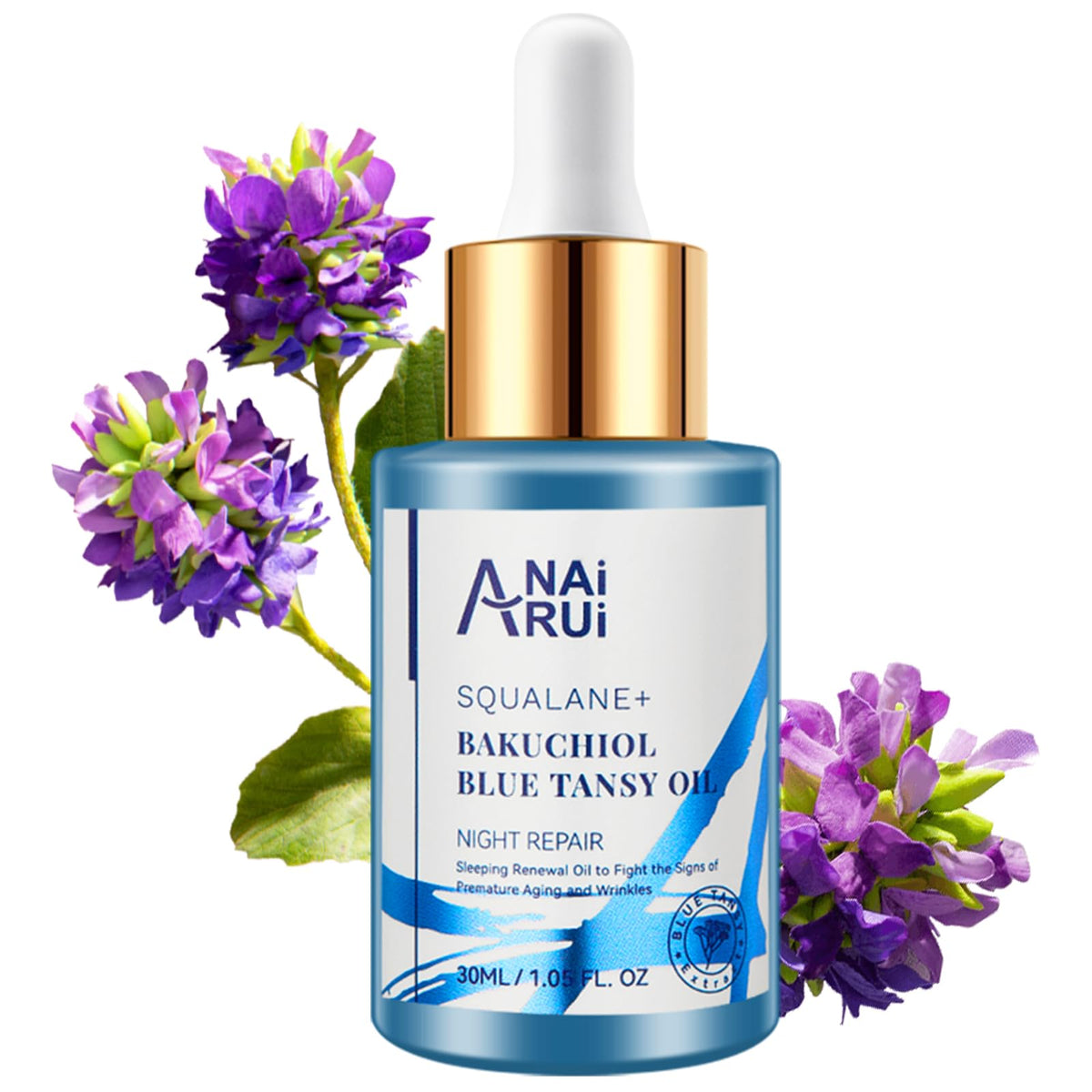 ANAI RUI Bakuchiol Blue Tansy Night-Repair Facial Oil Natural Vegan Retinol Alternative + Squalane Jojoba, for Deep Wrinkles & Fine Lines Soothing,Hydrating, Balancing, 1 FL.OZ
