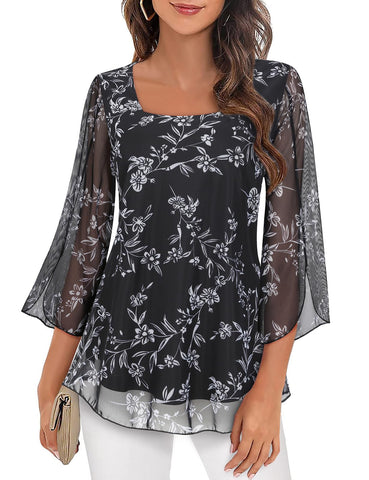 Chiffon Blouses For Women UK, Womens 3/4 Sleeve Tunic Tops Casual Square Neck Double Layers Mesh Blouse Elegant Womens Blouse Shirts Going Out Tops Womens Floral Black