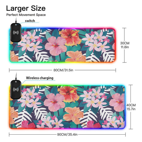 Flowers Palm Leaves Wireless Charging Mouse Pad for Mobile Phone Extra Large Gaming Mousepad with 13 Lighting Modes Keyboard Mat for Office Home Gaming MacBook PC Laptop Desk
