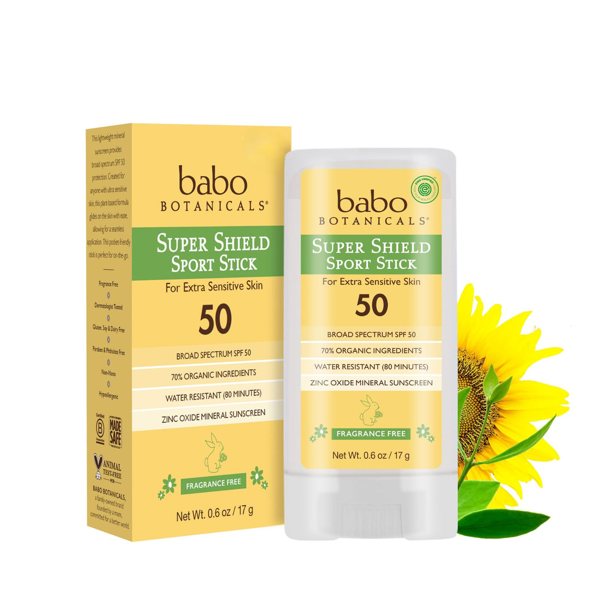 Babo Botanicals Super Shield SPF 50 Stick Sunscreen - 70% Organic Ingredients - Natural Zinc Oxide - For all ages - NSF & MADE SAFE Certified - EWG Verified - Water Resistant - Fragrance-Free