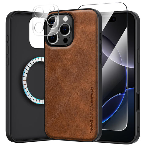 X-level for iPhone 16 Pro Case?1 Screen Protector?1 Camera Protection, Compatible with MagSafe, Military - Grade Protection, Non-Slip Anti-Fingerprint PU Leather Mobile Phone Case - Brown