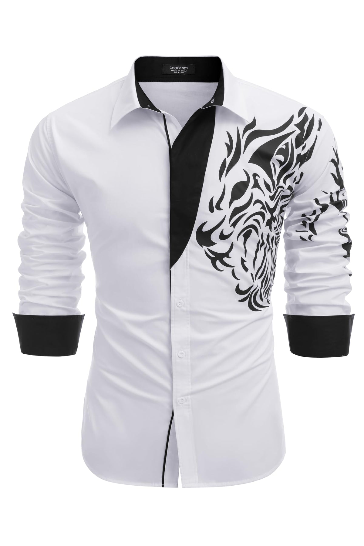 COOFANDY Mens Print Button Down Shirt Casual Stylish Long Sleeve Business Dress Shirts White Medium Animal
