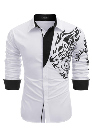 COOFANDY Mens Print Button Down Shirt Casual Stylish Long Sleeve Business Dress Shirts White Medium Animal