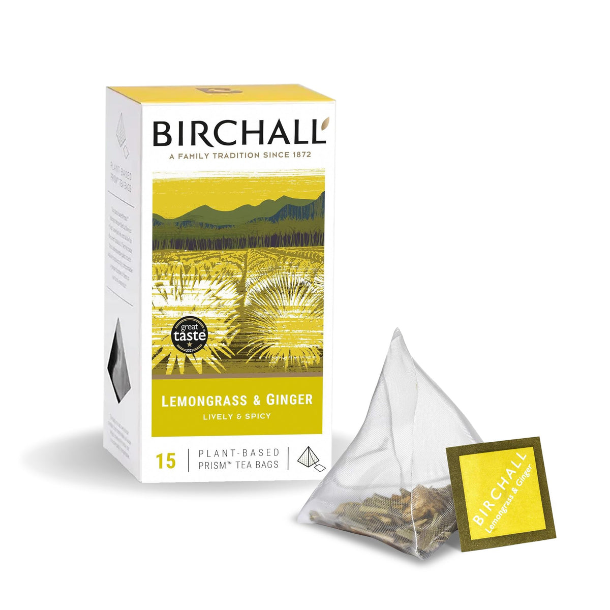 Birchall Tea Bags, Lemongrass & Ginger Herbal Tea Gift Set, Caffeine Free Tea Bursting with Full Flavour, Perfect Vegan Gifts, 15 Plant-Based Prism Tea Bags
