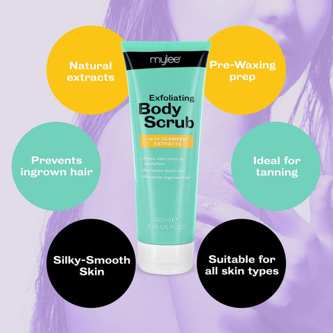 Mylee Pre Tanning and Pre Waxing Exfoliating Softening Body Scrub with Nourishing Natural Seaweed Extracts, Aloe Vera, Tahitian Monoi - Prevents Ingrown Hairs & Razor Bumps Vegan and Cruelty-Free