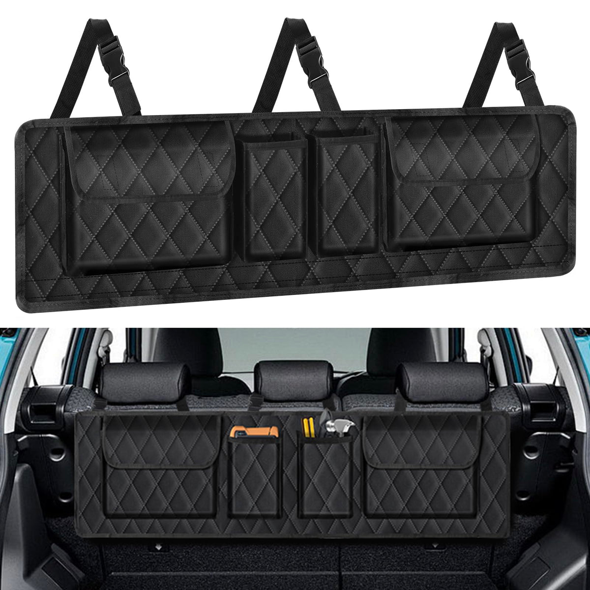 Femuar Car Trunk Organizer, Large Capacity Backseat Trunk Organizer(41"*10"), Hanging Car Storage Organizer with Lids, Car Organizer for SUV/MPV/Truck