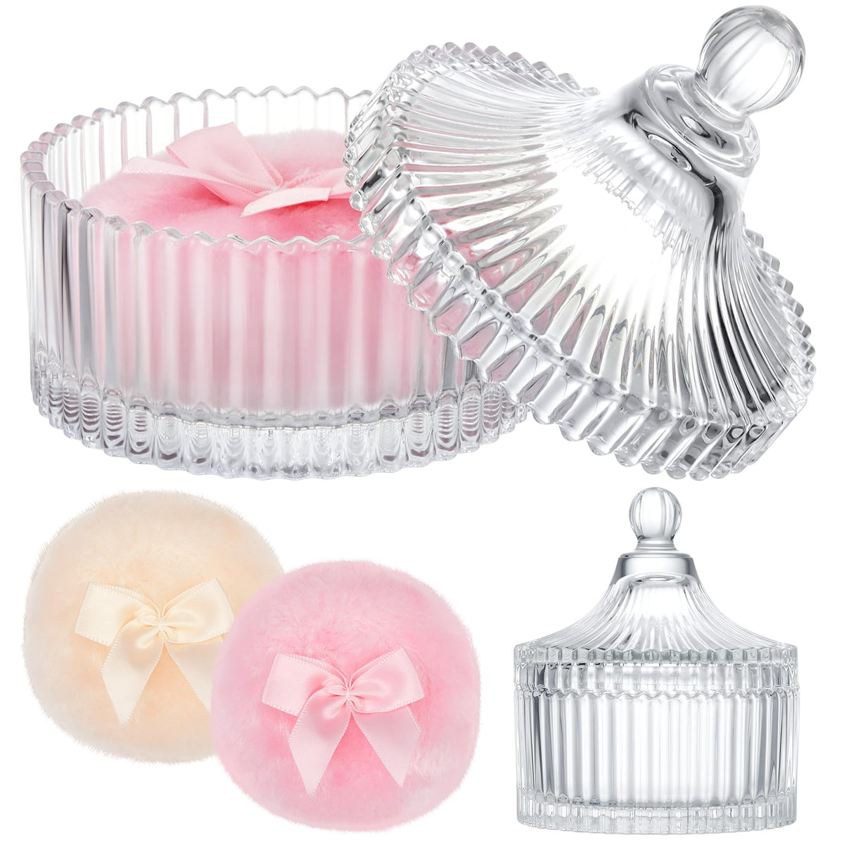 Tioncy 3 Pcs Large Body Powder Puff and Container Powder Container with Puff Powder Puff Crystal Container Soft Washable Reusable Velour Face Body Glitter Powder Puff Wet Dry Makeup(Clear,Simple)