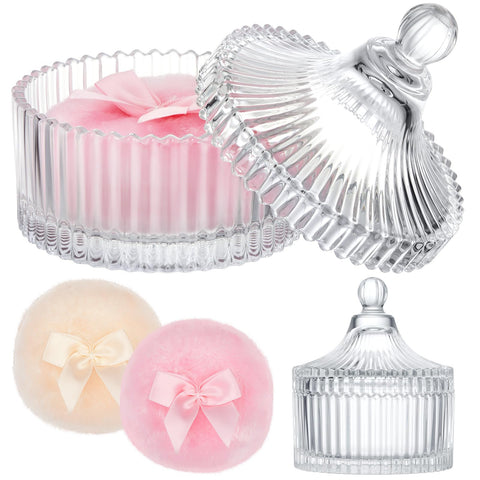 Tioncy 3 Pcs Large Body Powder Puff and Container Powder Container with Puff Powder Puff Crystal Container Soft Washable Reusable Velour Face Body Glitter Powder Puff Wet Dry Makeup(Clear,Simple)