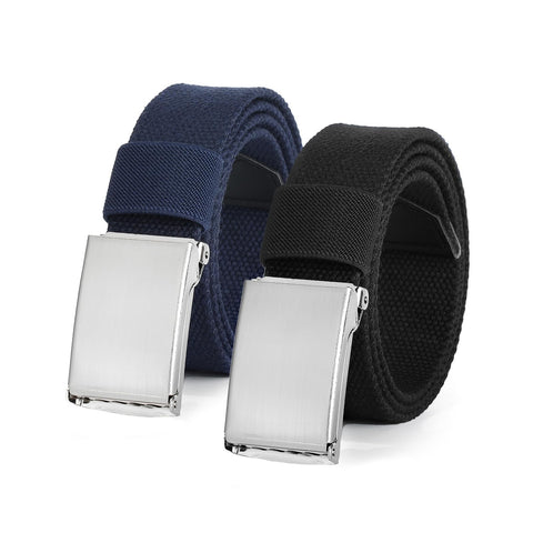 AWAYTR Boys Canvas Web Belts - Adjustable School Uniform Youth Belt Kids Golf Belt with Silver Flip-Top Buckle (100cm,Black+Navy Blue)
