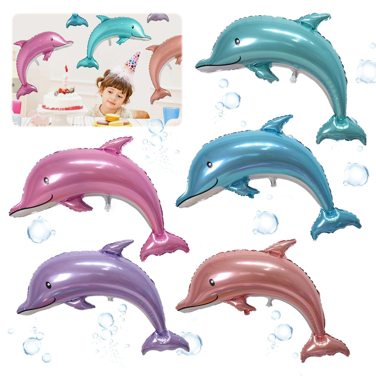TZQFROCE Pack of 5 Dolphin Balloon Set Foil Balloon Birthday Dolphin Foil Balloon Dolphin Decoration Helium Sea Animals Balloon for Birthday Decoration Ocean Animals Birthday Party