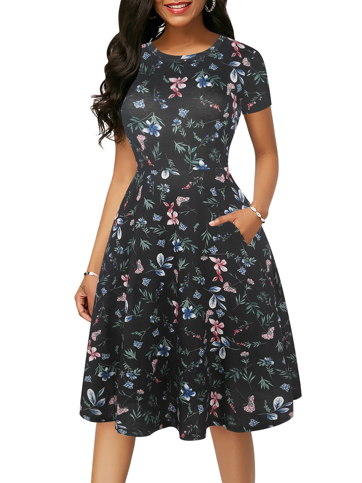 oxiuly Women's Short Sleeve Round Neck Floral Flare Cotton Party Cocktail Swing Dress OX262 (XL, Black Floral)