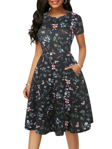 oxiuly Women's Short Sleeve Round Neck Floral Flare Cotton Party Cocktail Swing Dress OX262 (XL, Black Floral)