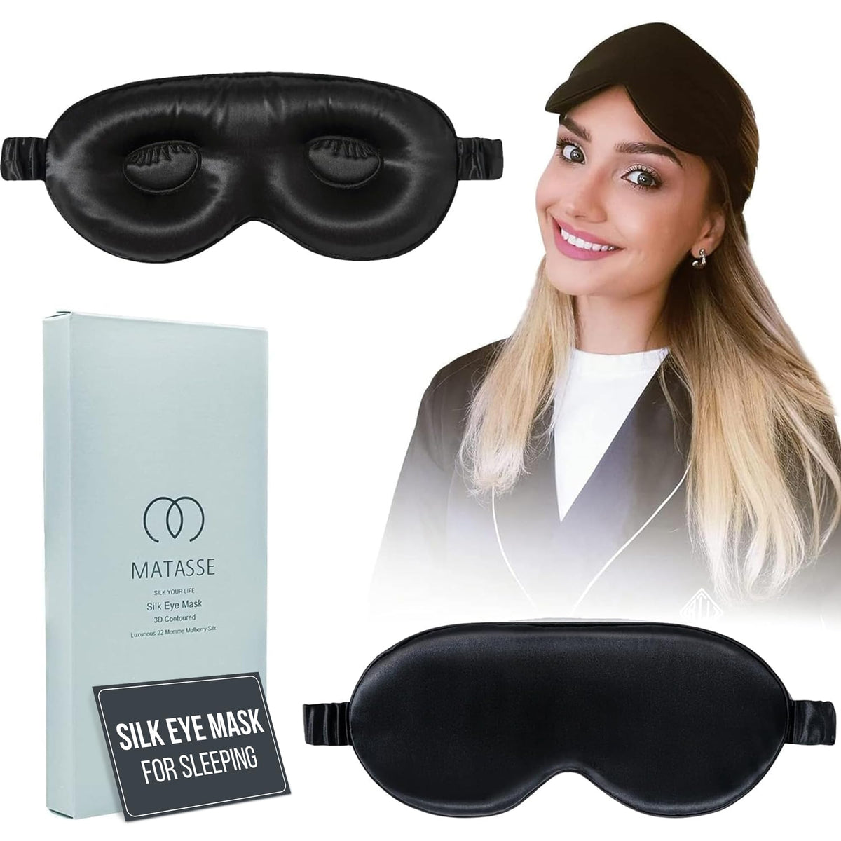 MATASSE Silk Eye Sleeping Mask with Adjustable Strap- 3D Contoured Eye Mask for Sleeping, Eye Cover Sleep Mask w/Silk Covered Strap for Women, Men, Genuine Mulberry Silk, Black
