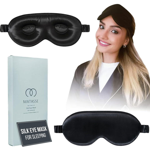 MATASSE Silk Eye Sleeping Mask with Adjustable Strap- 3D Contoured Eye Mask for Sleeping, Eye Cover Sleep Mask w/Silk Covered Strap for Women, Men, Genuine Mulberry Silk, Black