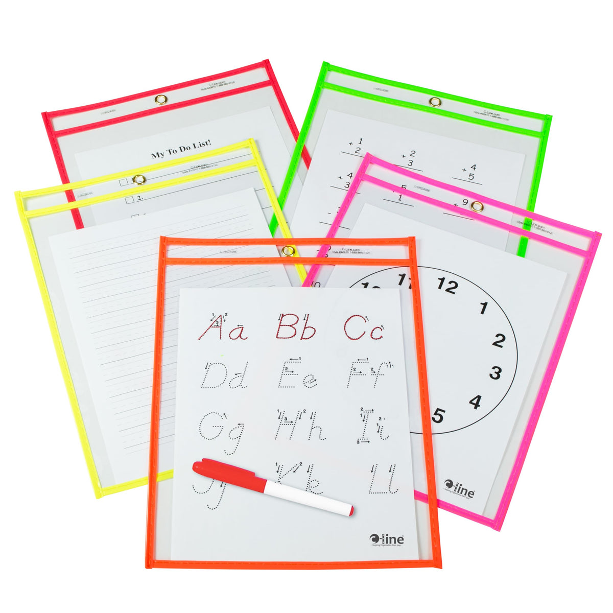 C-line 9 x 12 Inch Reusable Dry Erase Pockets - Clear/ Assorted/ Neon (Pack of 25)