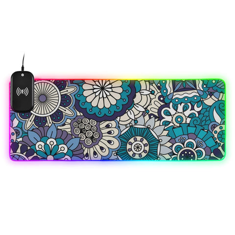 Boho Floral Wireless Charging Mouse Pad for Mobile Phone Extra Large Gaming Mousepad with 13 Lighting Modes Keyboard Mat for Gaming MacBook PC Laptop Desk Office Home