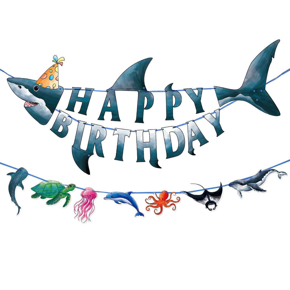 WERNNSAI Shark Happy Birthday Banner Set - Ocean Theme Party Supplies for Kids Boys Pre-strung Shark Birhday Banner and Ocean Animal Banner Beach Under The Sea Party Decorations Hanging Wall Decor