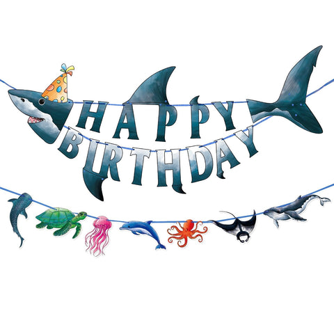 WERNNSAI Shark Happy Birthday Banner Set - Ocean Theme Party Supplies for Kids Boys Pre-strung Shark Birhday Banner and Ocean Animal Banner Beach Under The Sea Party Decorations Hanging Wall Decor