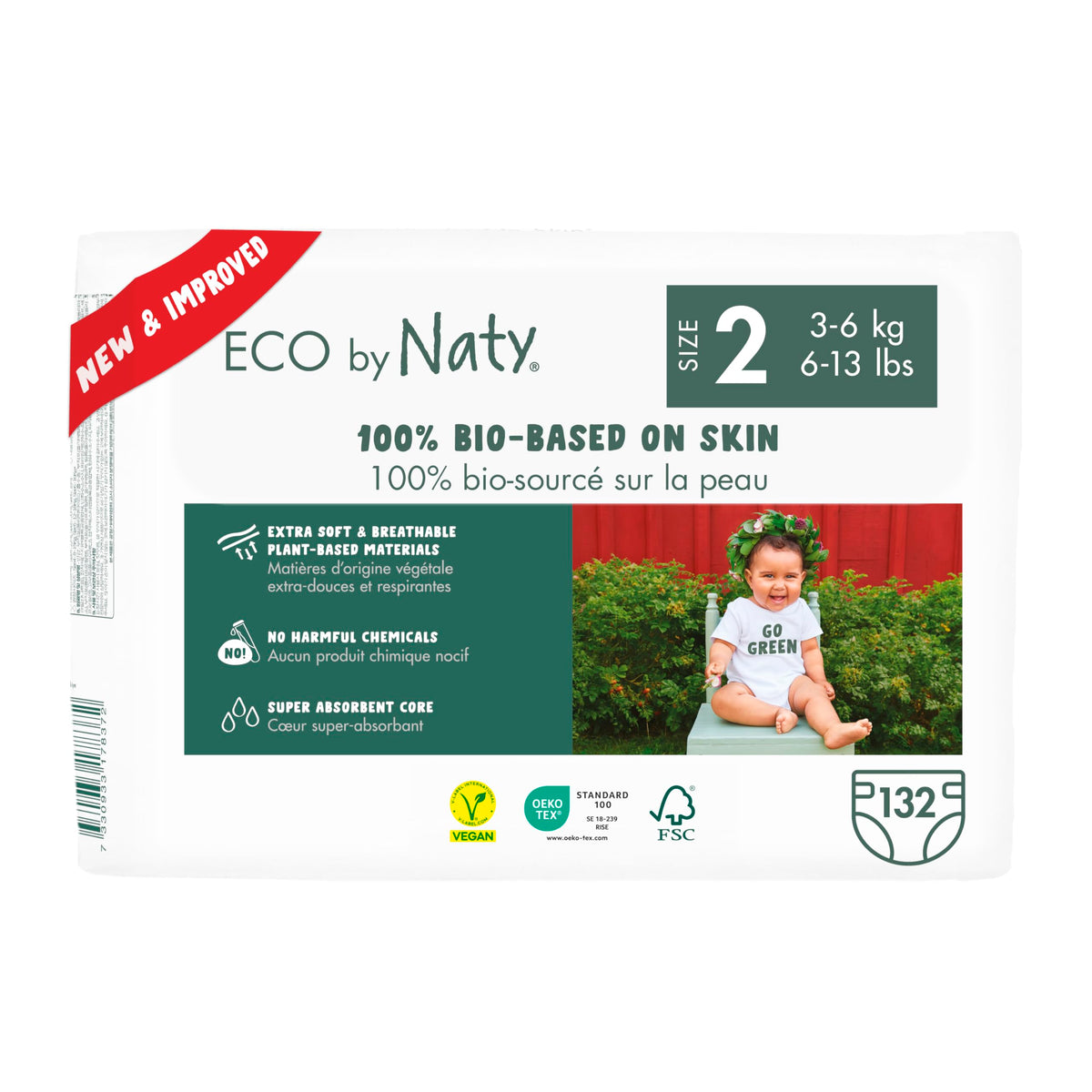 Eco by Naty Eco-Friendly Baby Nappies Newborn - 100% Plant-Based Materials on Skin, Extra Soft, for Sensitive Skin & Super Absorbent (Size 2, 132 Count)