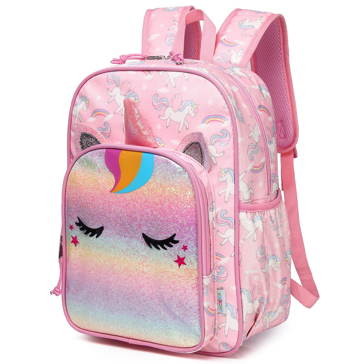 VASCHY Girls Backpack, 11.5L Lightweight School Bag for Kids Water Resistant Toddler Backpack with Reflective Chest Strap Children's Rucksack with Bottle Pockets for Kindergarten(Rainbow Unicorn)