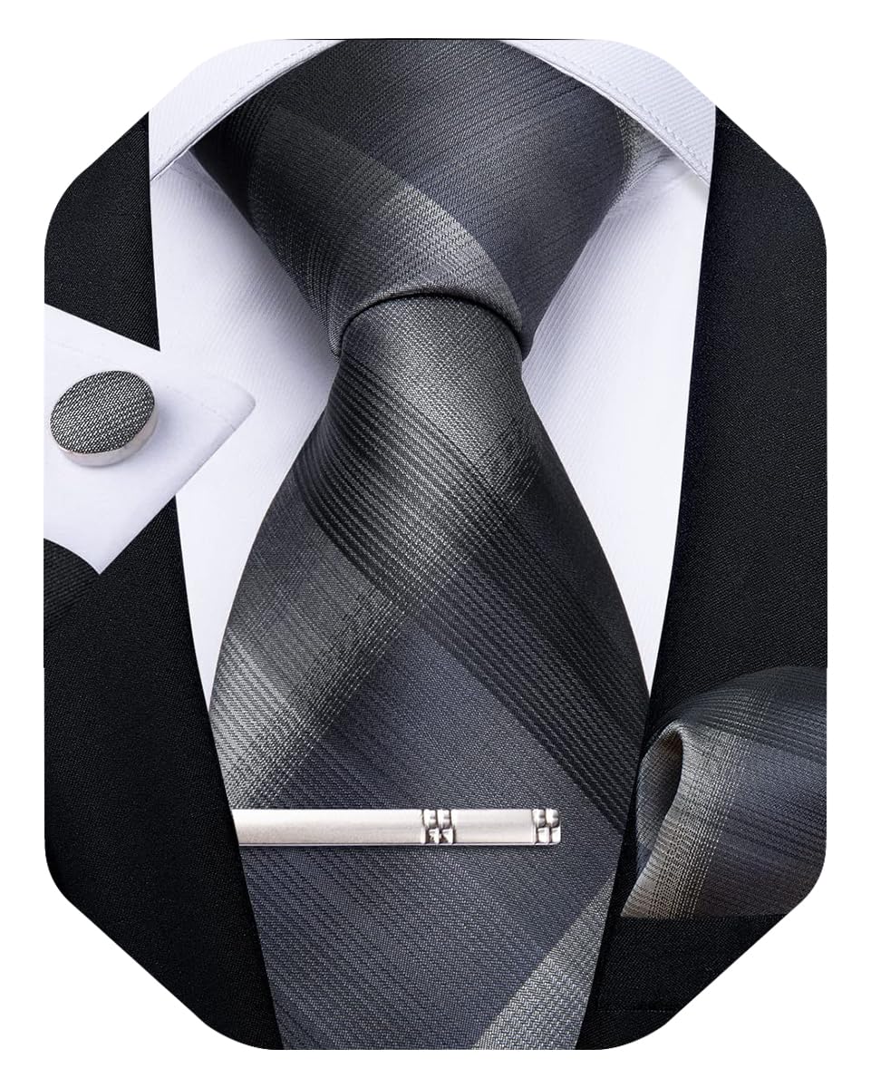 DiBanGu Plaid Ties for Men Silk Checkered Necktie and Pocket Square Cufflinks Tie Clip Set with Gift Box for Wedding Business, Charcoal Grey