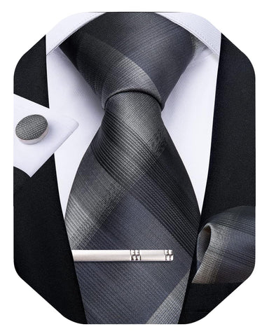 DiBanGu Plaid Ties for Men Silk Checkered Necktie and Pocket Square Cufflinks Tie Clip Set with Gift Box for Wedding Business, Charcoal Grey