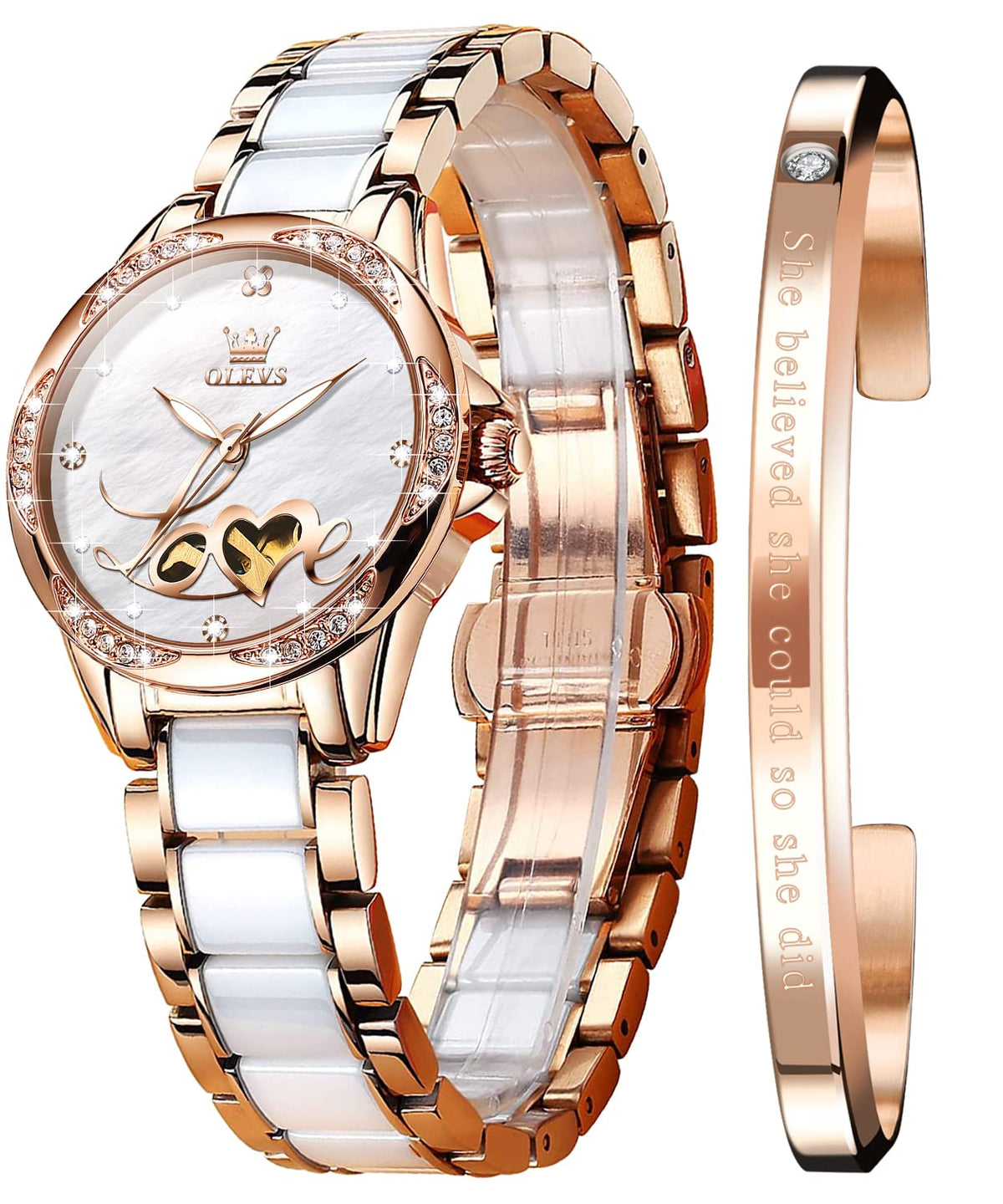 OLEVS Automatic Watches for Women Rose Gold Fashion Diamond Dress Ladies Wrist Watch Self Winding Mechanical Two Tone Ceramic Band Waterproof Luminous Gift Set