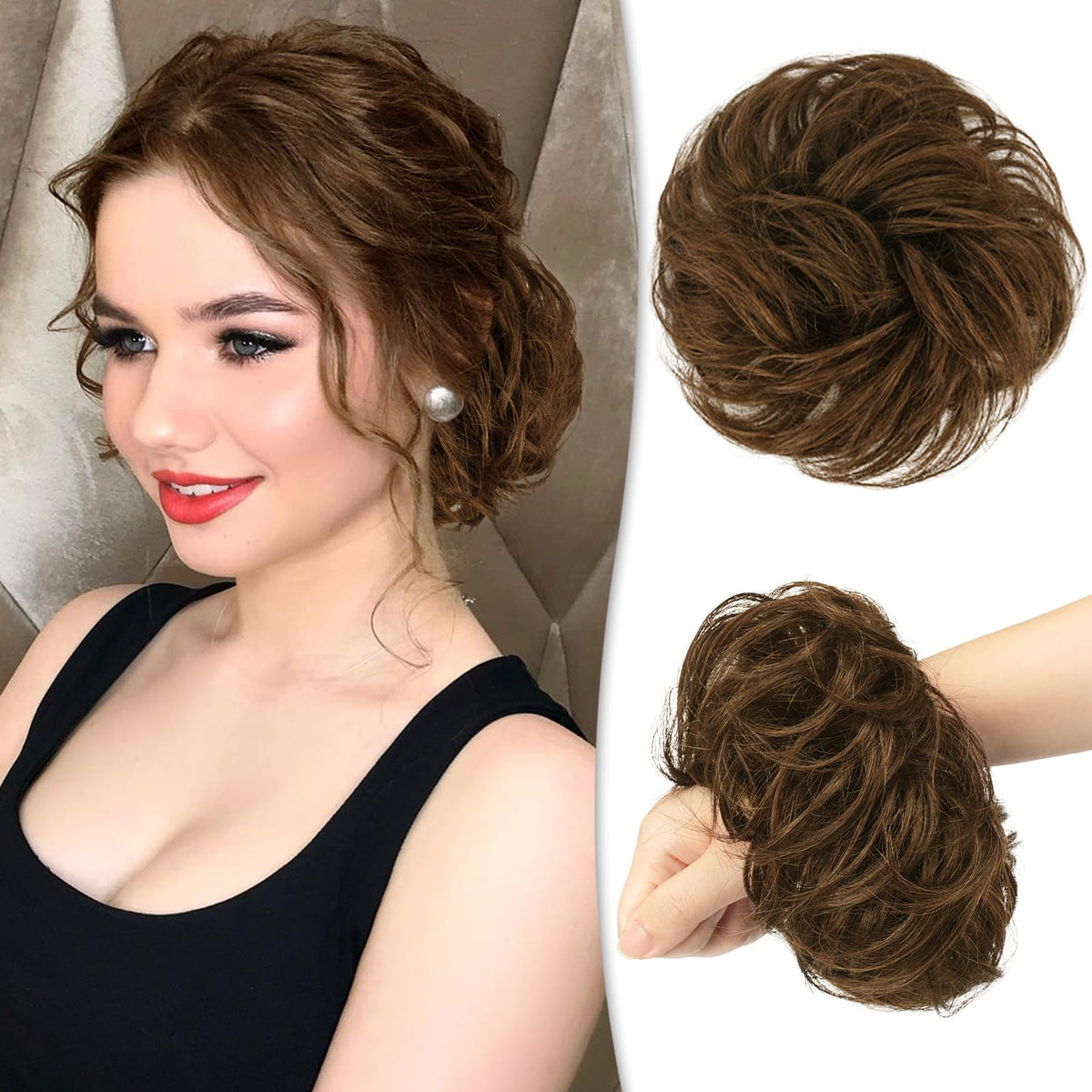 RUWISS Messy Bun Hair Piece Human Hair Messy Rose Bun Hair Buns Hair Piece for Women Real Hair Scrunchies Updo Hair Pieces Bun Extension Ponytail Messy Hair Bun (Medium Reddish Brown)