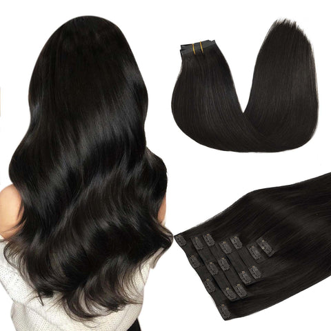 DOORES Clip in Hair Extensions Human Hair, Natural Black Virgin Human Hair Clip in Extensions, 130g 7pcs 16 Inch Human Hair Extensions Invisible Edge Clip in, Natural Hair Extensions