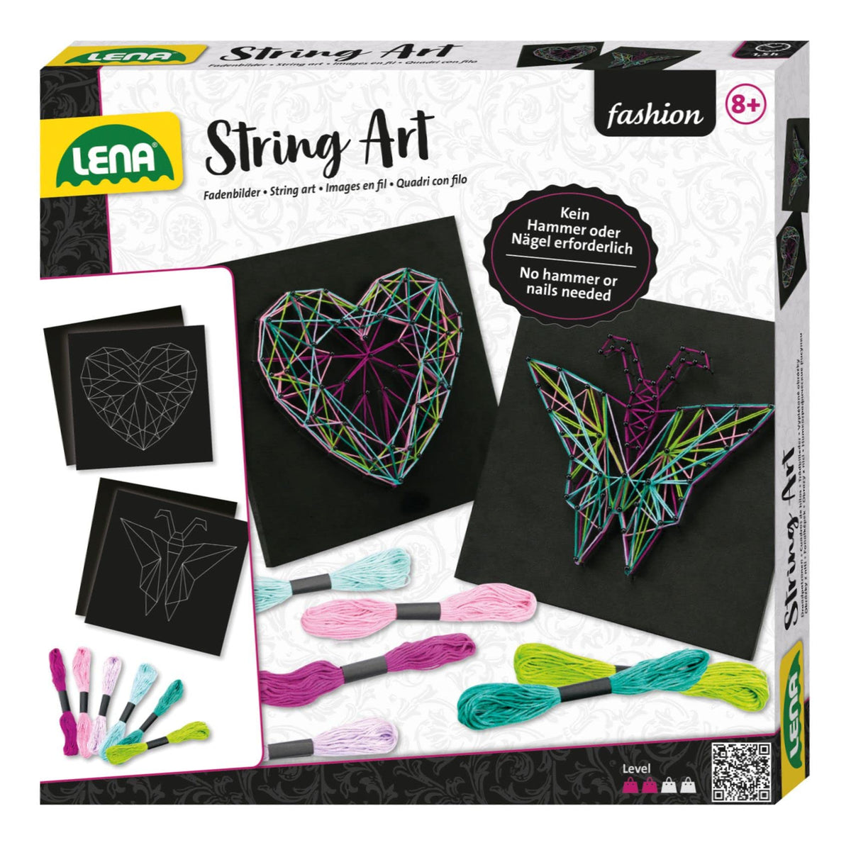 Lena 42650 Craft String Art Butterfly and Heart, Complete Patterns, with 2 Base Plates, Approx. 21.5 x21.5x1 cm, pins and 6 Coloured Threads, Set for Children from 8 Years, Black, Mittel