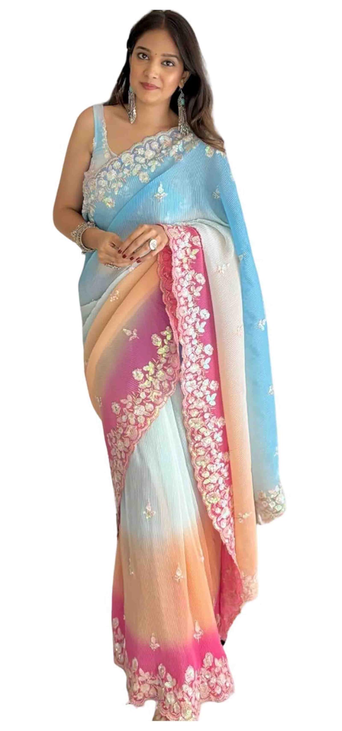 IMTRA FASHION Saree for Women Partywear Georgette Embroidery Sari with Unstitched Blouse Piece-Sky Blue